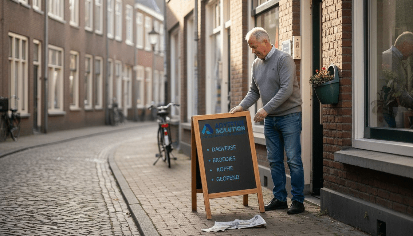 Een winkelier opent ’s ochtends zijn buurtwinkel terwijl de eerste zonnestralen naar binnen vallen.