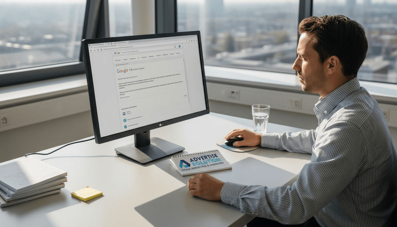 Een marketeer zit achter zijn bureau in de hoek van het kantoor en werkt met Google Ads open op zijn scherm.