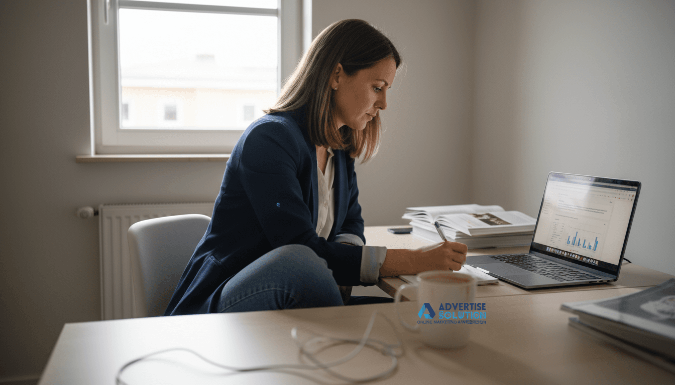 Een SEO-expert is geconcentreerd aan het werk achter zijn laptop op kantoor.