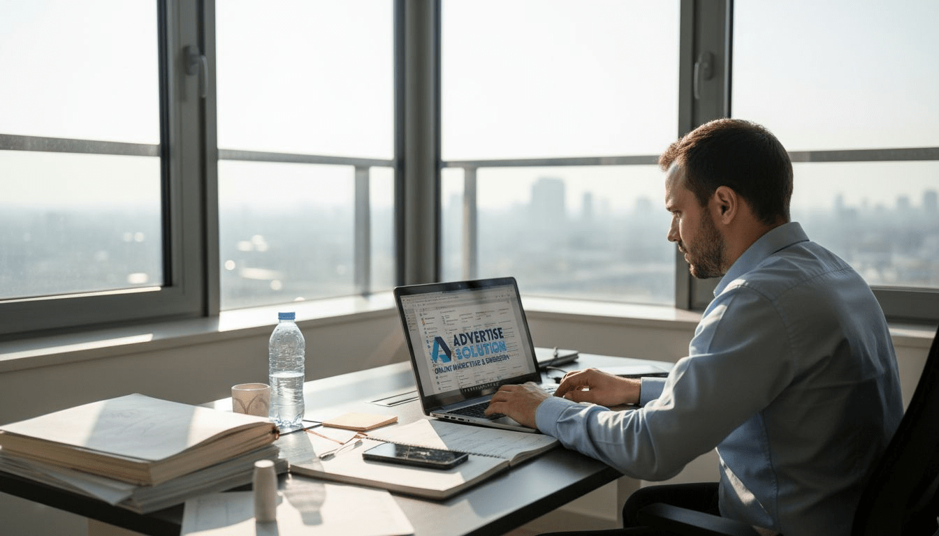 De SEO-specialist zit geconcentreerd te werken in een rustig hoekje van het kantoor.