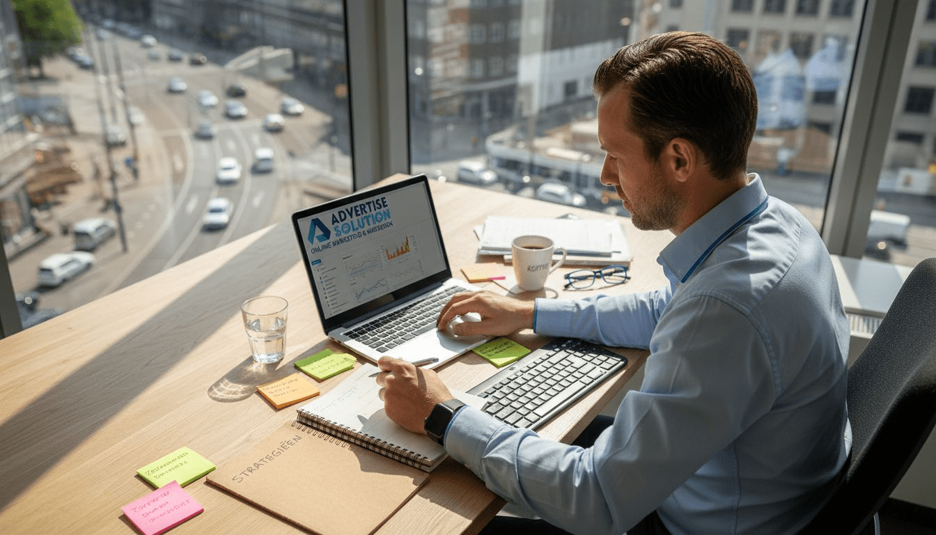 Een SEO-specialist die aan het werk is aan een bureau bij het raam in een hoek van het kantoor.