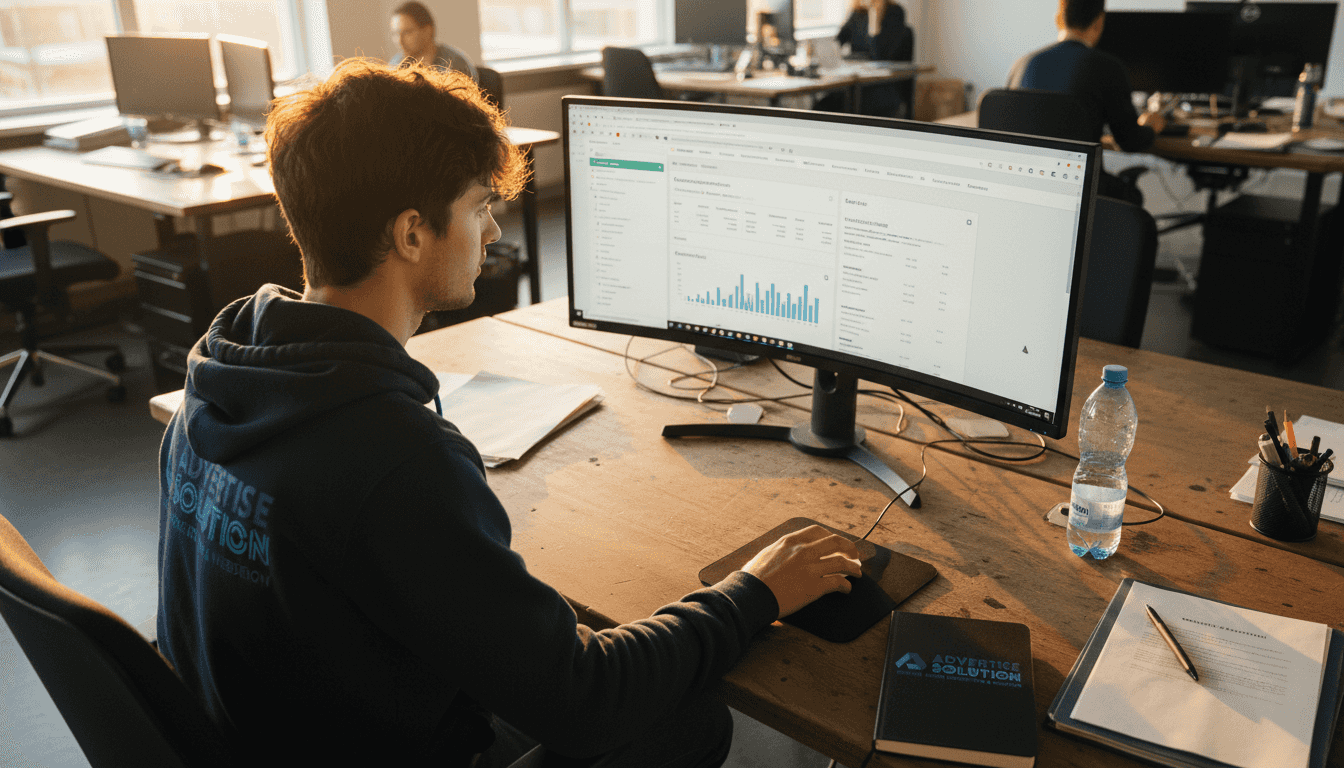 Een marketeer analyseert het Google Ads-dashboard op kantoor.