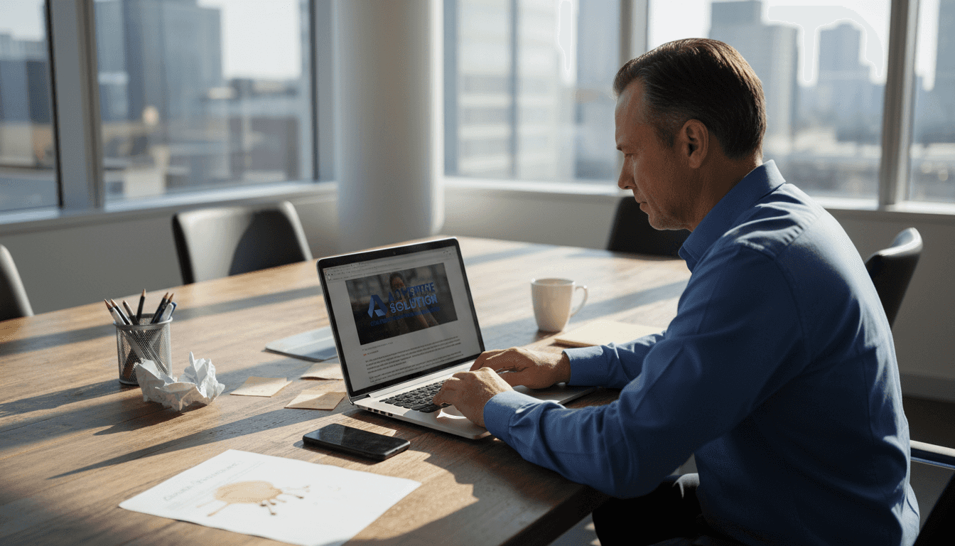 Een ondernemer uit het mkb kijkt op kantoor naar een video-advertentie.