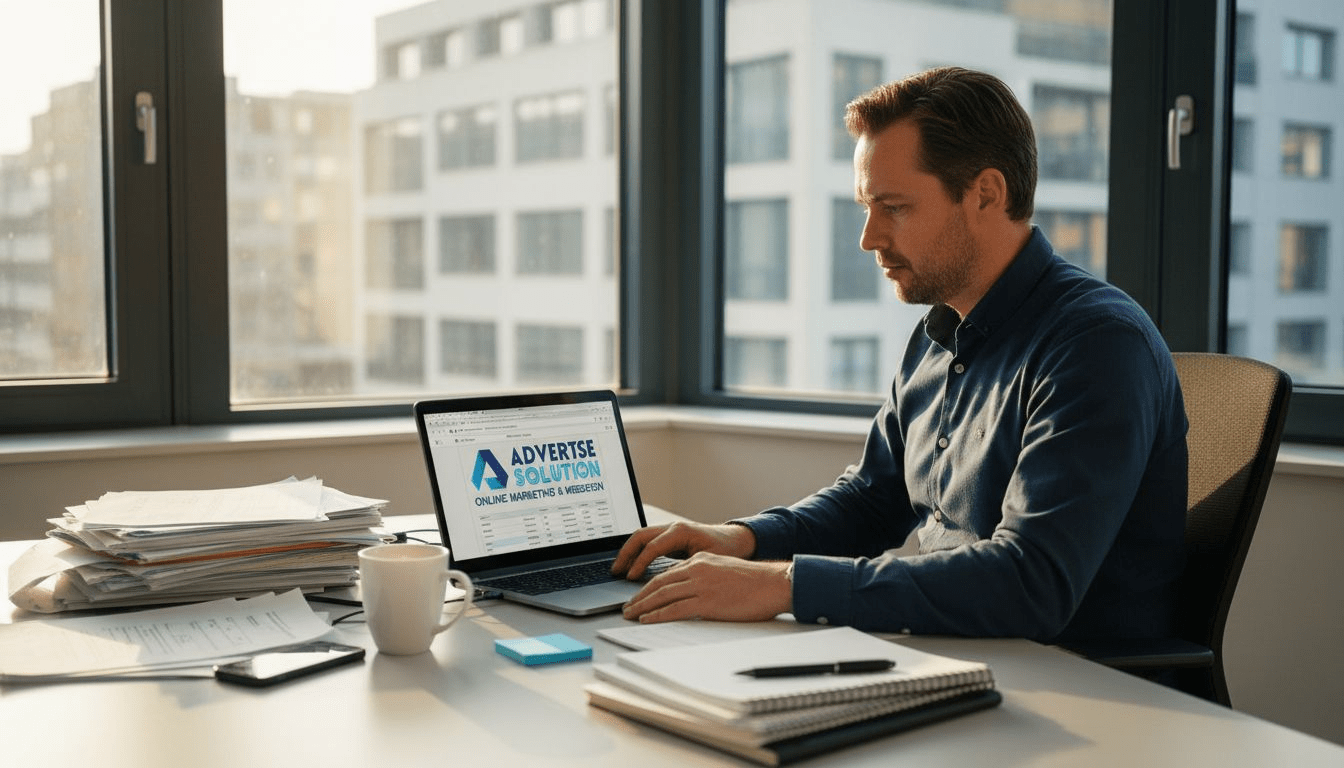 Op kantoor werkt de marketeer aan een doordachte Google Ads strategie.