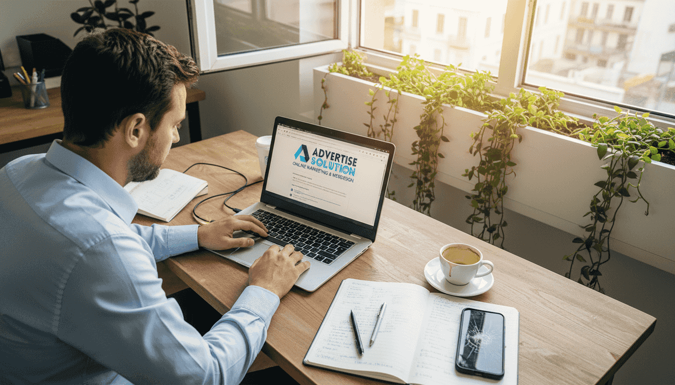 Een ondernemer zit geconcentreerd achter zijn laptop aan een bureau in de hoek van het kantoor.