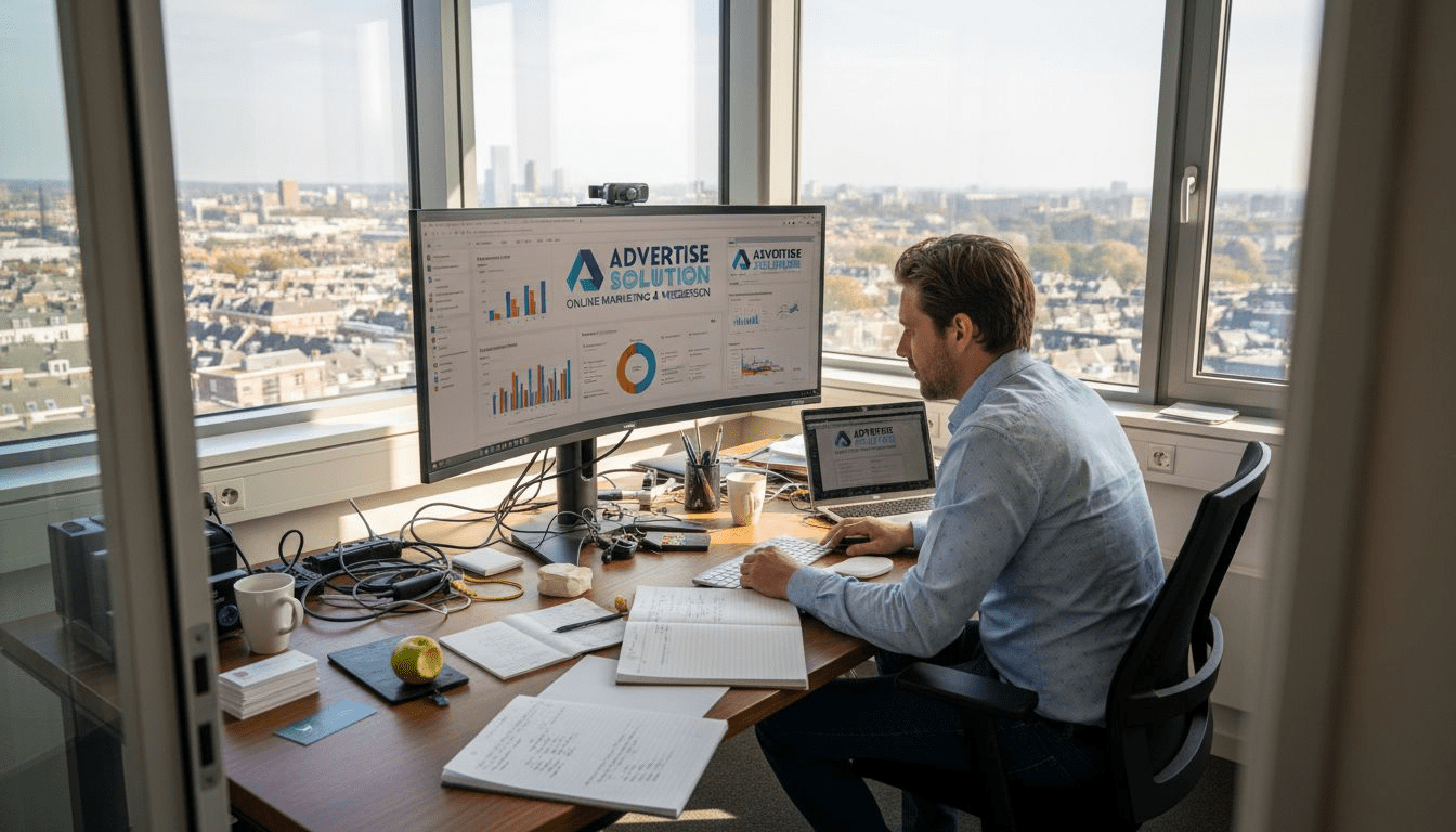 Een marketeer zit achter zijn bureau en analyseert de resultaten van online advertenties.