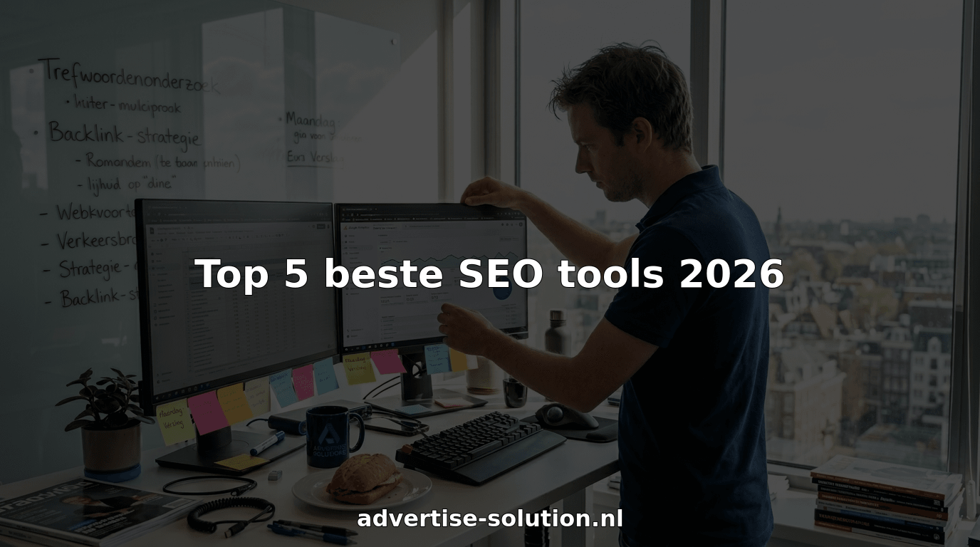 Een SEO-specialist zit geconcentreerd te werken aan een rommelig bureau in een lichte, moderne kantoorruimte.
