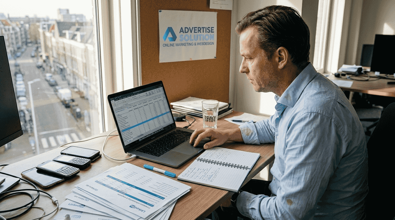 Een ondernemer punctueel de resultaten van zijn Meta-advertenties aan het doornemen.