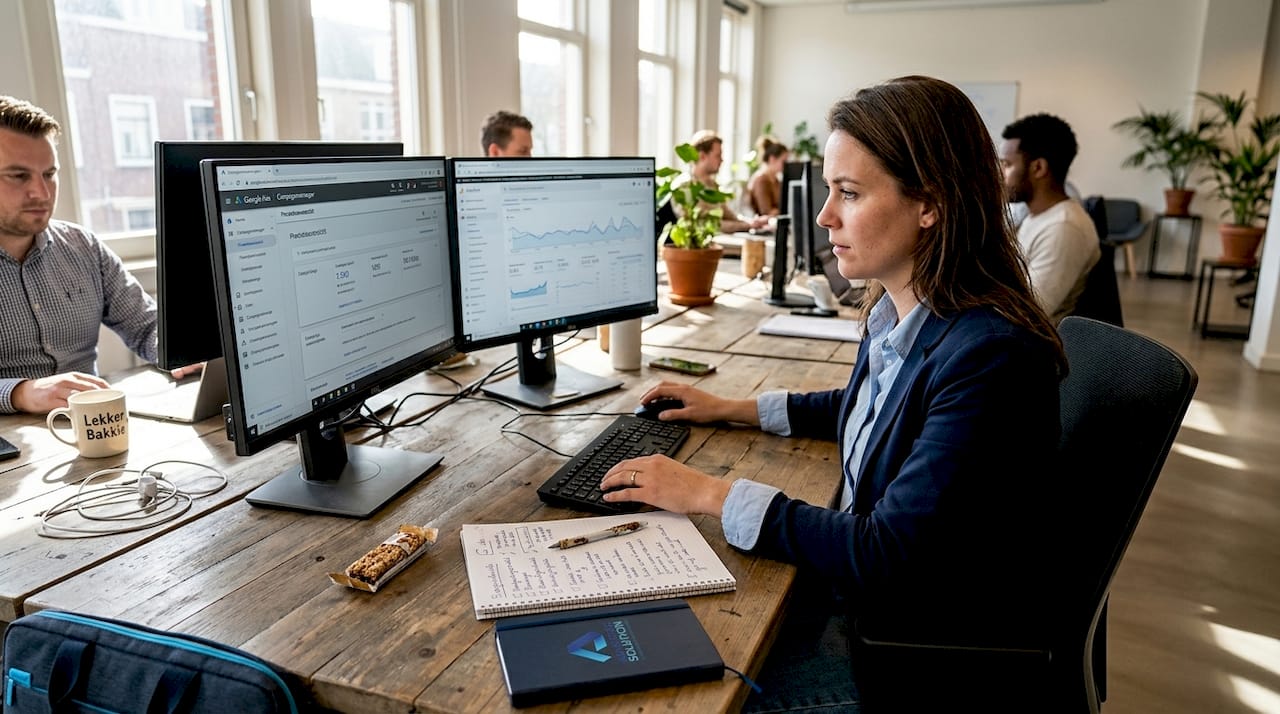 Marketingmanager bekijkt en beoordeelt de resultaten van Google Ads-campagnes