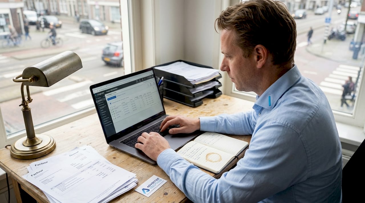 Een mkb-ondernemer werkt op kantoor aan een advertentiecampagne voor zoekmachines.