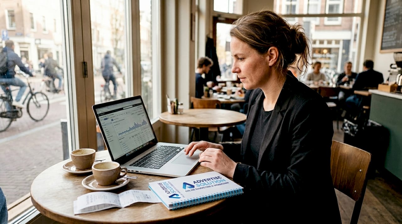 Een ondernemer zit in een koffietentje te sleutelen aan zijn Facebook-campagnes.